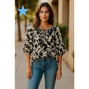 Karyn Seo Womens Boho Ivory Black Print Top Blouse Silk Blend Size S 4 6 NWOT